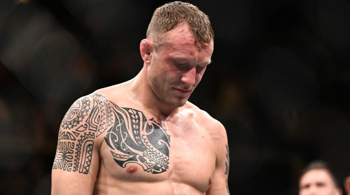Sep 28, 2019; Copenhagen, DEN; Jack Hermansson (red gloves) reacts after a bout against Jared Cannonier (not pictured) during UFC Fight Night at Royal Arena. Mandatory Credit: